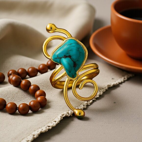 ๐๏ธTurkish Artisanal 18K Gold Plated Brass Adjustable Turquoise Cocktail Ring - Picture 12 of 12